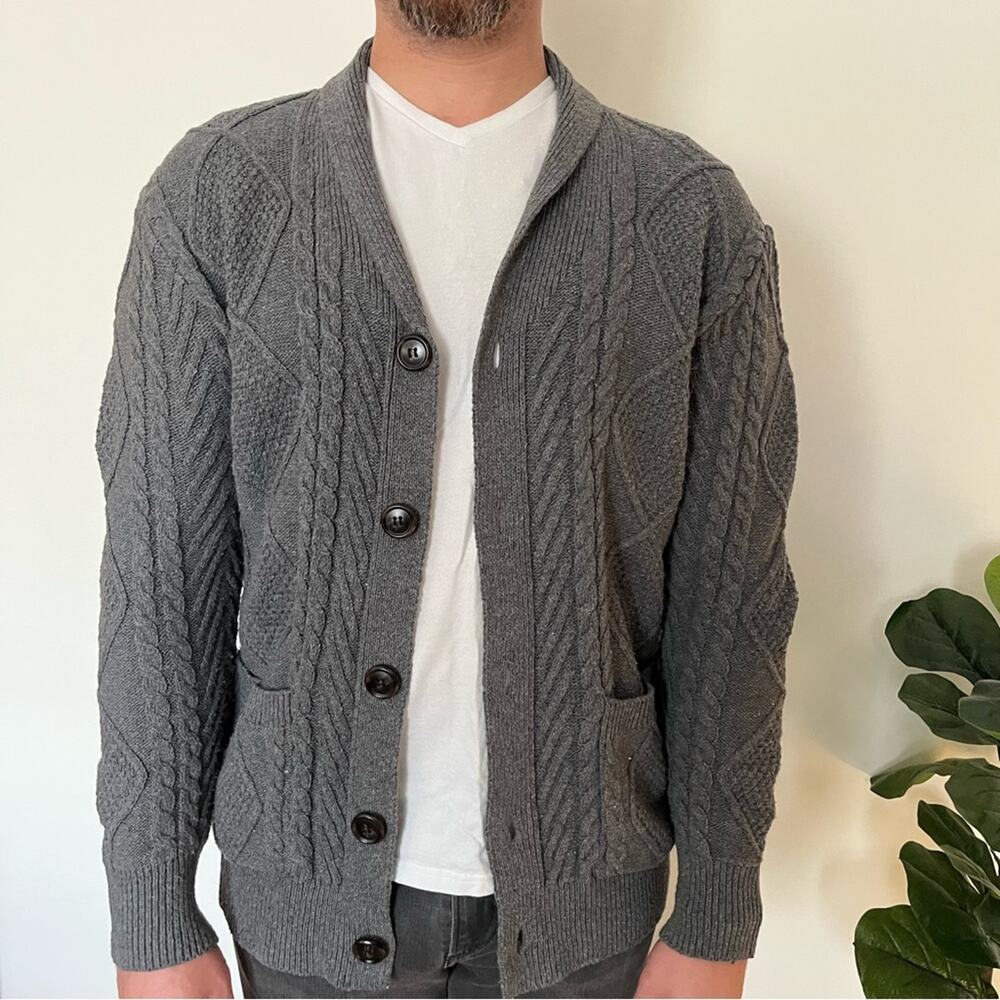 Cable Knit Gray Cardigan Sweater Mens Medium Cottagecore Wool Blend Academia